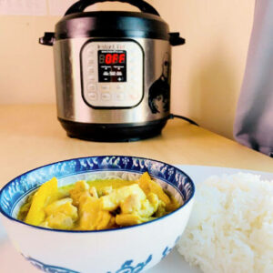 yellow curry chicken in bowl with rice and instant pot in the background