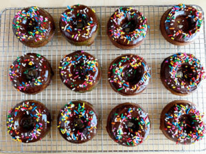 chocolate mochi doughnuts on cooling rack