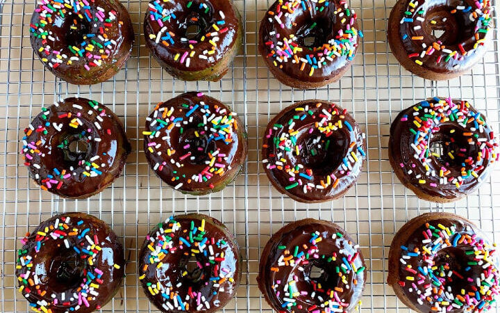 chocolate mochi doughnuts on cooling rack