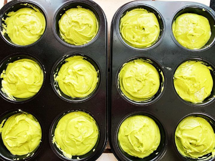 green tea mochi cupcake batter in pan