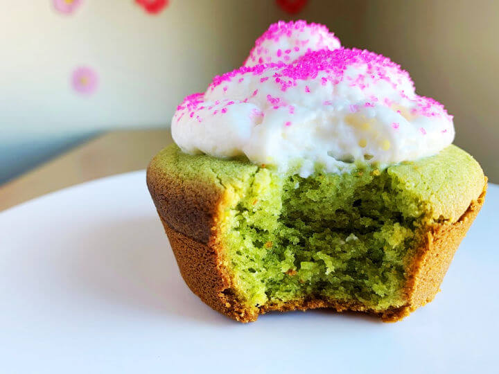 matcha mochi cupcake with bite out