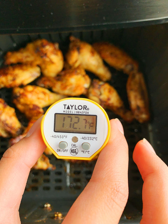 meat thermometer checking wings in air fryer