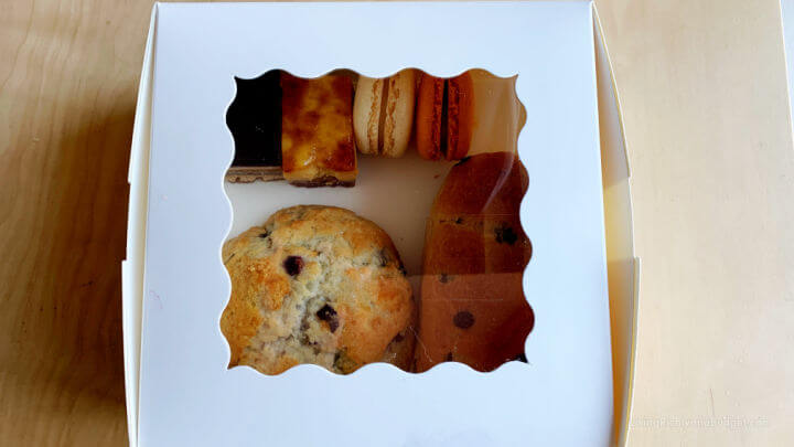 bakery box with scones and food