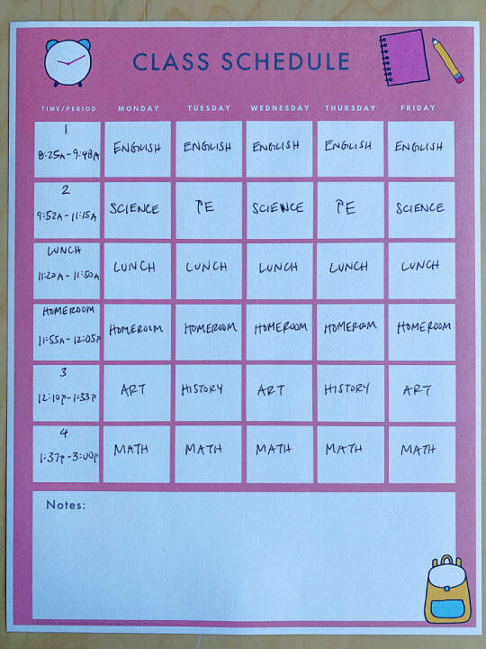 printable class schedule