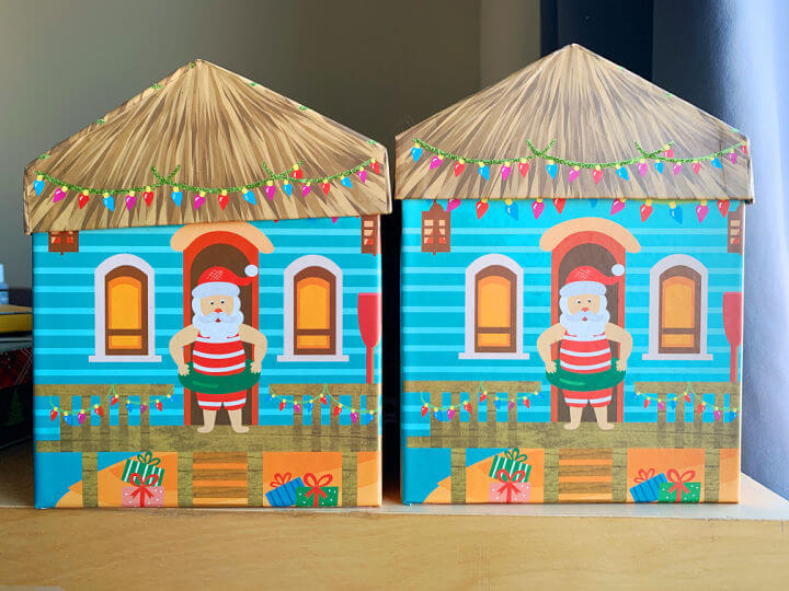 Santa in swimsuit printed on house style gift box