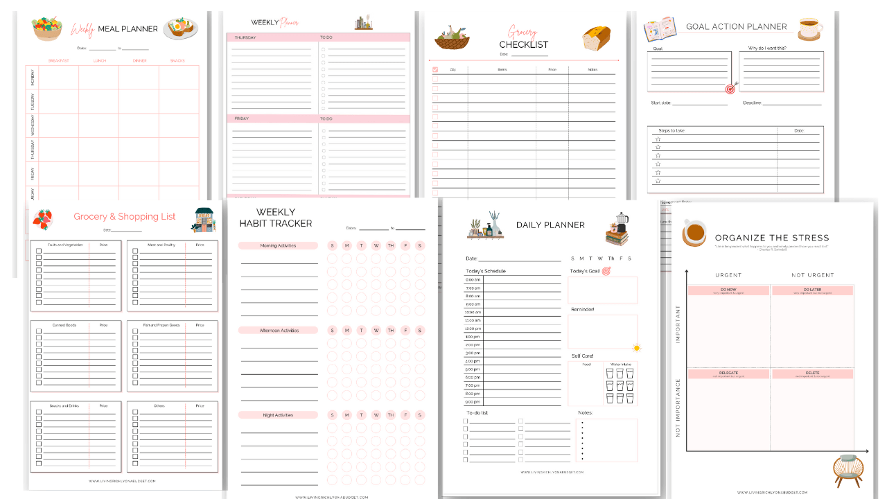 Planner pages for meal planning, weekly schedule, habit trackers