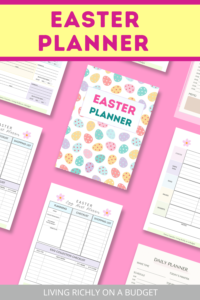 Easter Planner text, 6 pages of Easter Planner pages on a pink background.