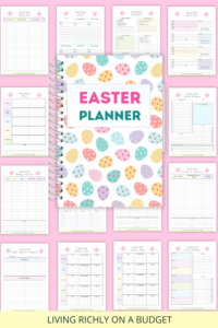 Easter Planner spiral notebook with 12 pages spread out on a pink background