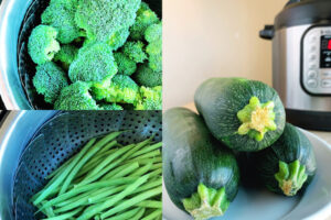 raw broccoli, green beans, and zucchini and an instant pot