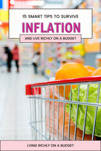 image of grocery cart in a grocery aisle, text: 15 smart tips to survive inflation and live richly on a budget