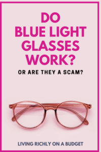 Image: reddish brown round glasses, text: Do blue light glasses work or are they a scam?