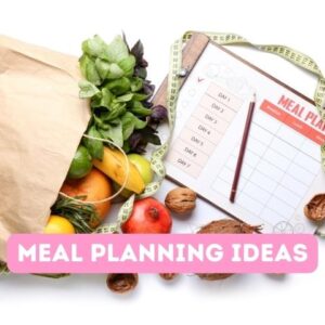 bag of fruit and vegetables and a meal planning sheet on a clipboard with a pen