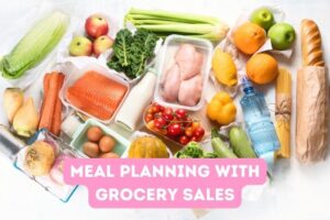 groceries - raw chicken, salmon in package, celery, tomatoes, and bottled water on white table