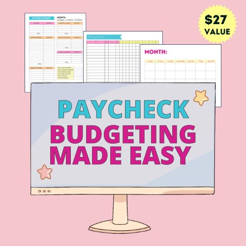 Paycheck Budgeting Made Easy in a computer screen, 3 worksheets above it