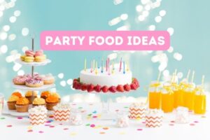 birthday cake with candles, 3 tier tray with desserts and jars of orange drink