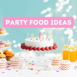 birthday cake with candles, 3 tier tray with desserts and jars of orange drink