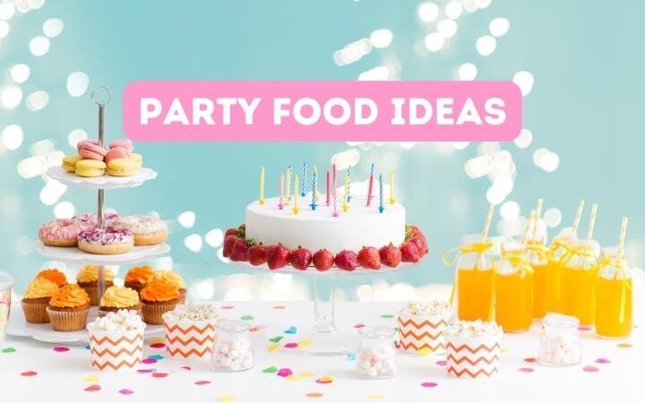 birthday cake with candles, 3 tier tray with desserts and jars of orange drink