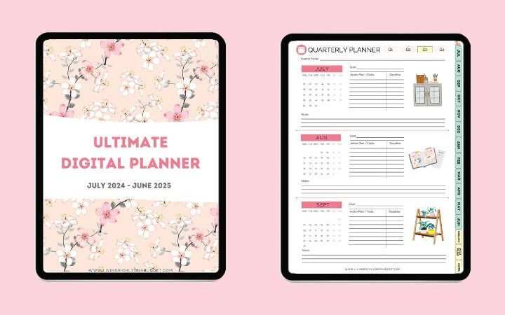 2 iPad screens showing Ultimate Digital Planner July 2024 - June 2025 with a Quarterly Planner on a pink background