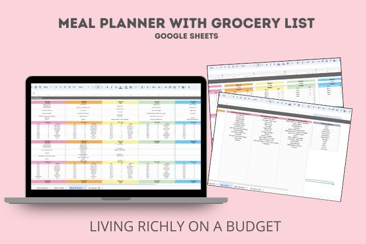 text: Meal Planner with Grocery List, Living Richly on a Budget, Image: colorful spreadsheets on laptop
