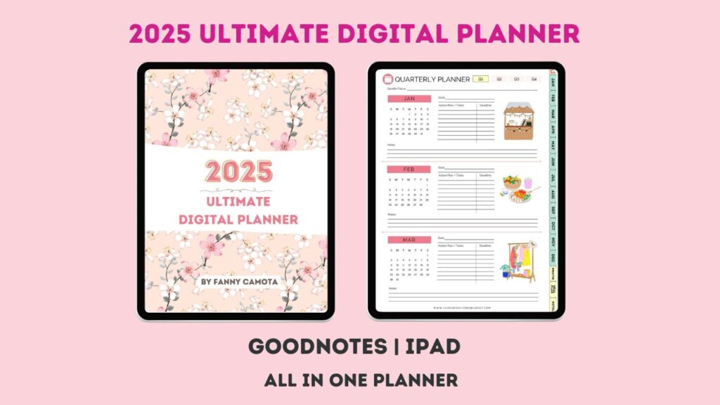 2025 Ultimate Digital Planner, Planner Cover Page and Quarterly planner on iPad, Text: Goodnotes, iPad, All in One Planner