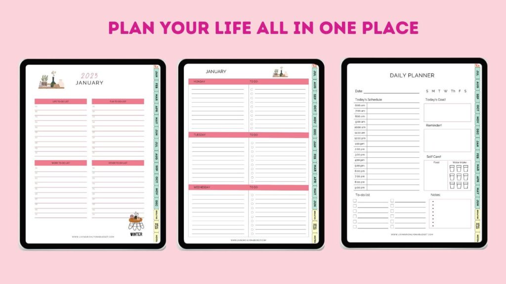 Text: Plan your life all in one place, 3 ipads with planner images