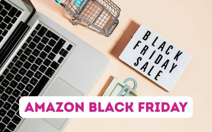 text: Amazon Black Friday, Black Friday Sale; Image: laptop with cash and mini shopping cart