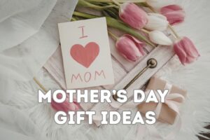 text: mothers day gift ideas, image: card and tulips
