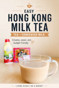Ingredients and finished cup for Hong Kong style milk tea made with English breakfast tea, sweetened condensed milk, sugar, and hot water.