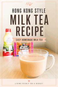 A glass cup of creamy Hong Kong milk tea on a table with tea and condensed milk in the background.