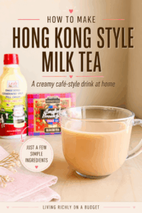 Ingredients and finished cup for Hong Kong style milk tea made with English breakfast tea, sweetened condensed milk, sugar, and hot water.